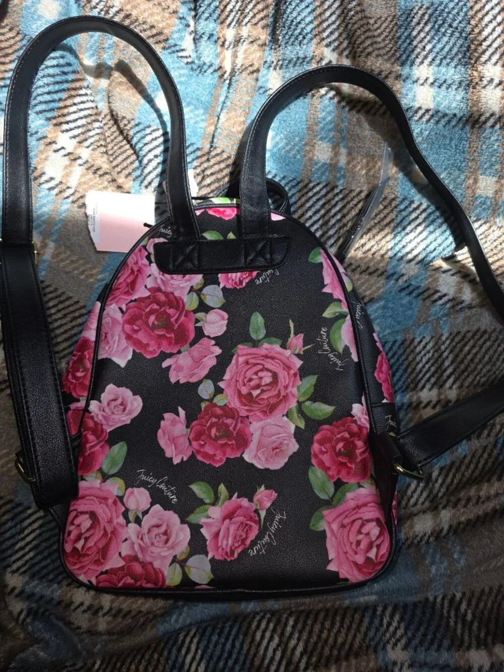 Juicy Couture Black & Pink Floral Mini Backpack With Adjustable Straps & Gold Ch